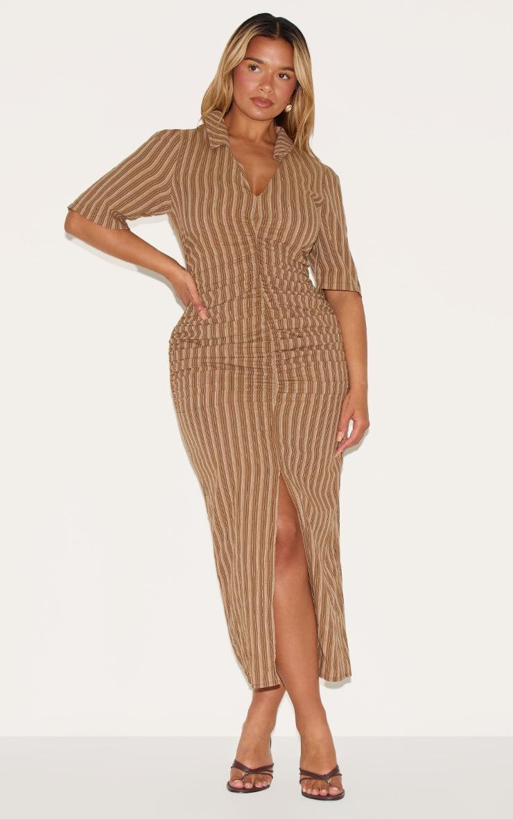 Pretty Little Thing Shape Brown Striped Ruched Front Collared Split Front Maxi Dress