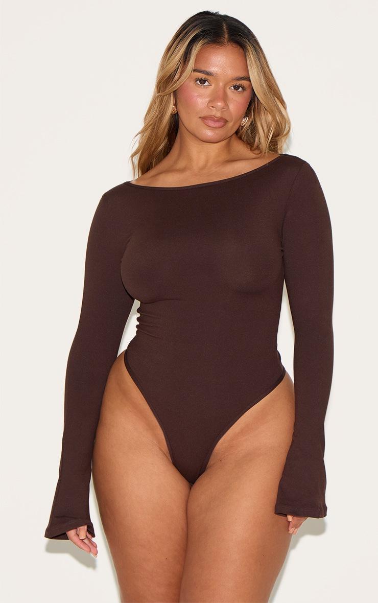 Pretty Little Thing Shape Chocolate Sculpt Boat Neck Flare Sleeve Bodysuit