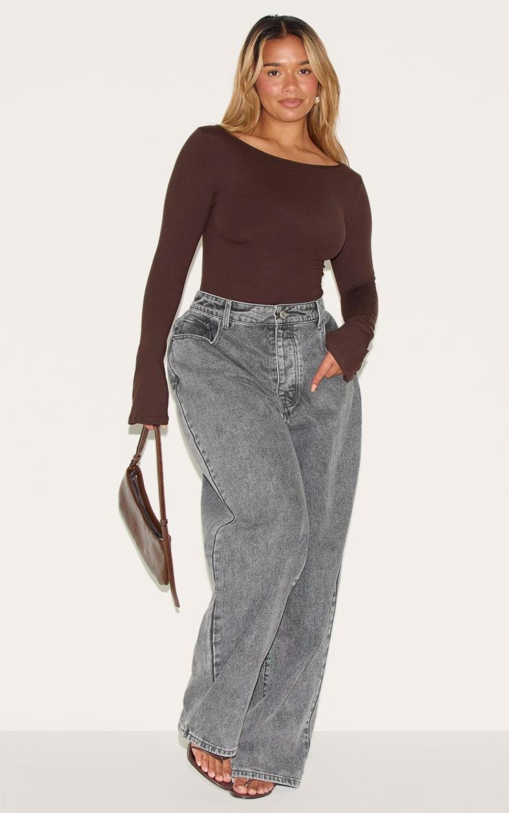 Pretty Little Thing Shape Chocolate Sculpt Boat Neck Flare Sleeve Bodysuit