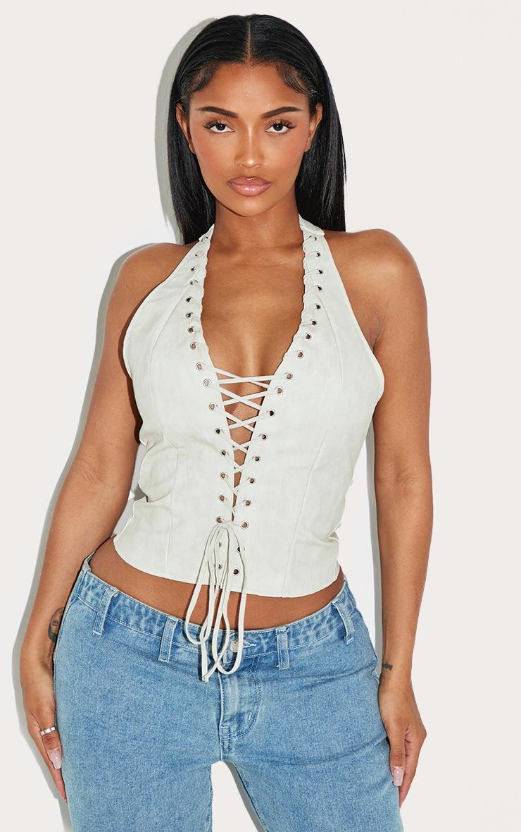 Pretty Little Thing Shape Cream Washed Faux Leather Halter Neck Lace Up Corset