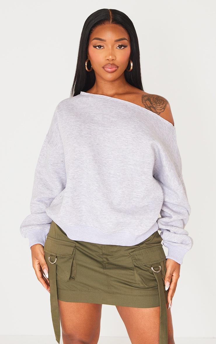 Pretty Little Thing Shape Grey Marl Sweat Raw Edge Slouch Sweatshirt