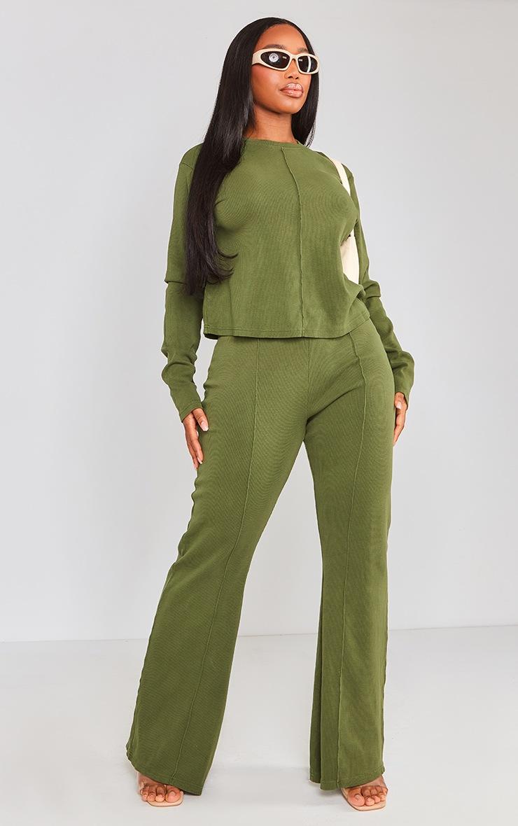 Pretty Little Thing Shape Khaki Soft Rib Pocket Bum Flare Pants