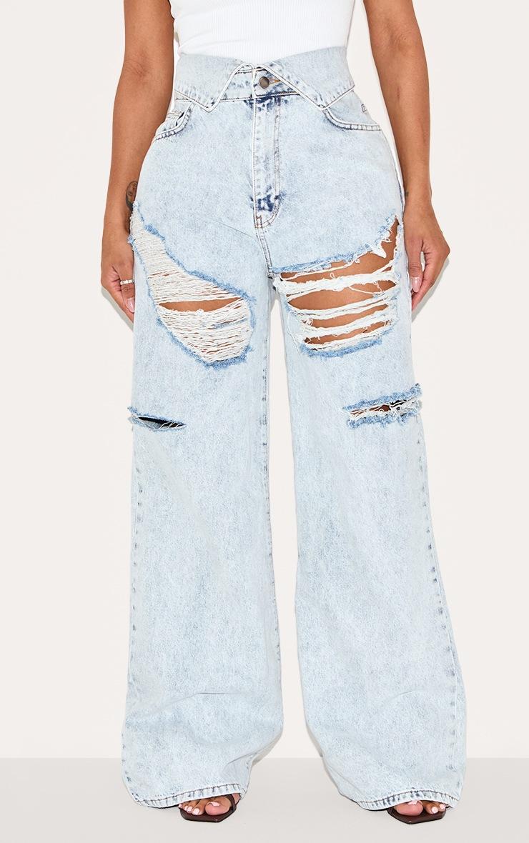 Pretty Little Thing Shape Light Blue Acid Wash Denim Foldover Waist Ripped Wide Leg Jeans