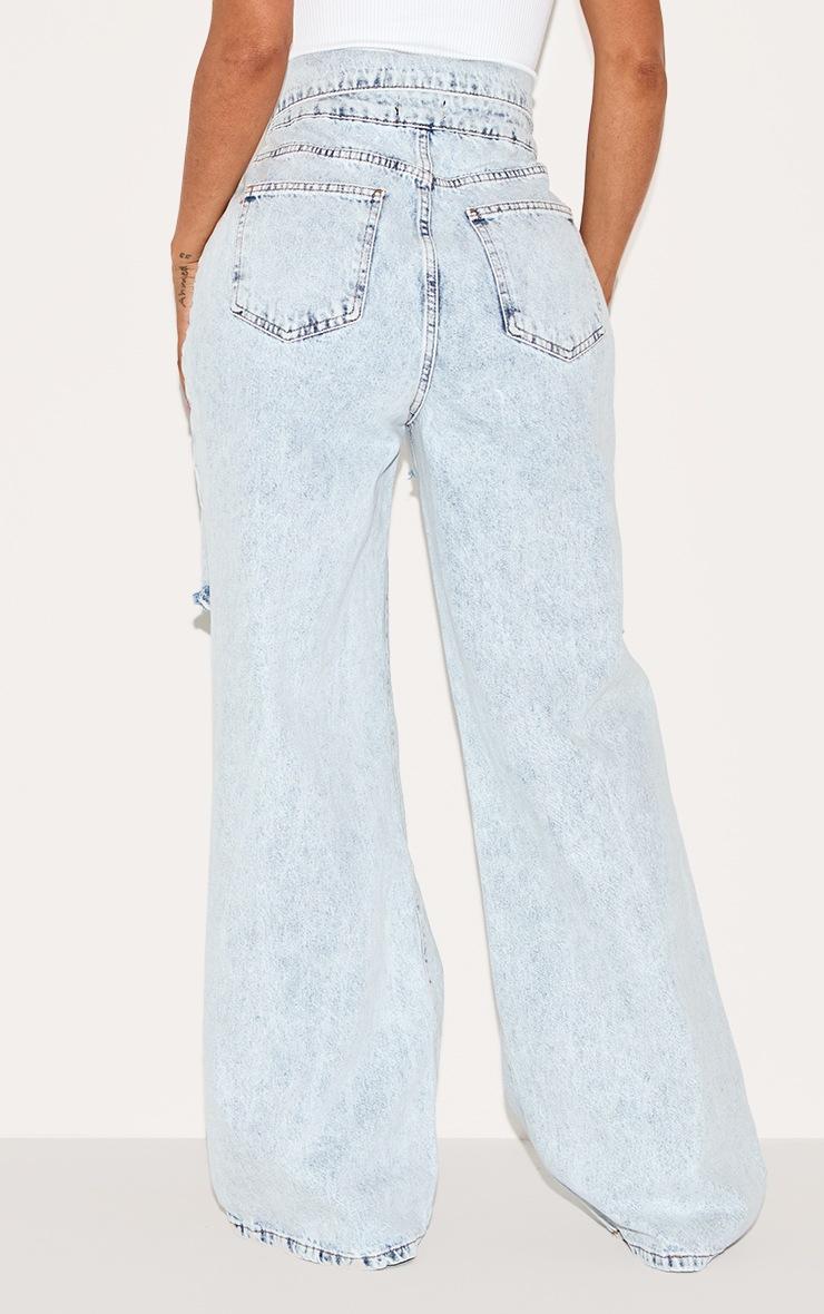 Pretty Little Thing Shape Light Blue Acid Wash Denim Foldover Waist Ripped Wide Leg Jeans