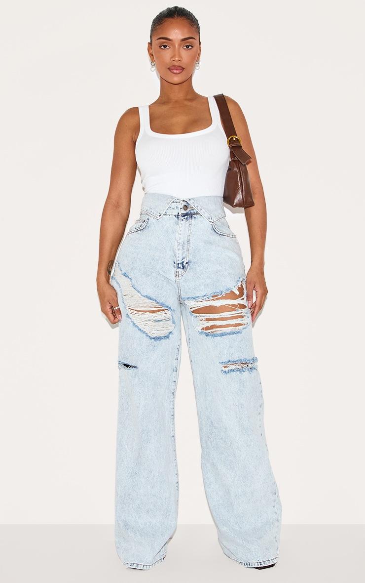 Pretty Little Thing Shape Light Blue Acid Wash Denim Foldover Waist Ripped Wide Leg Jeans