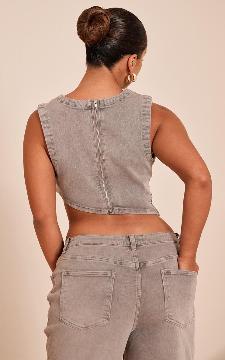 Pretty Little Thing Shape Mushroom Stretch Denim Washed Asymmetric Crop Top