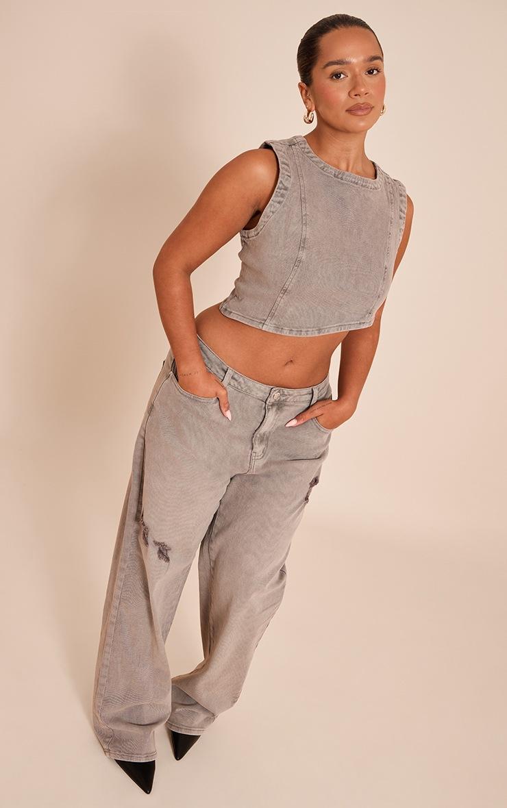 Pretty Little Thing Shape Mushroom Stretch Denim Washed Asymmetric Crop Top
