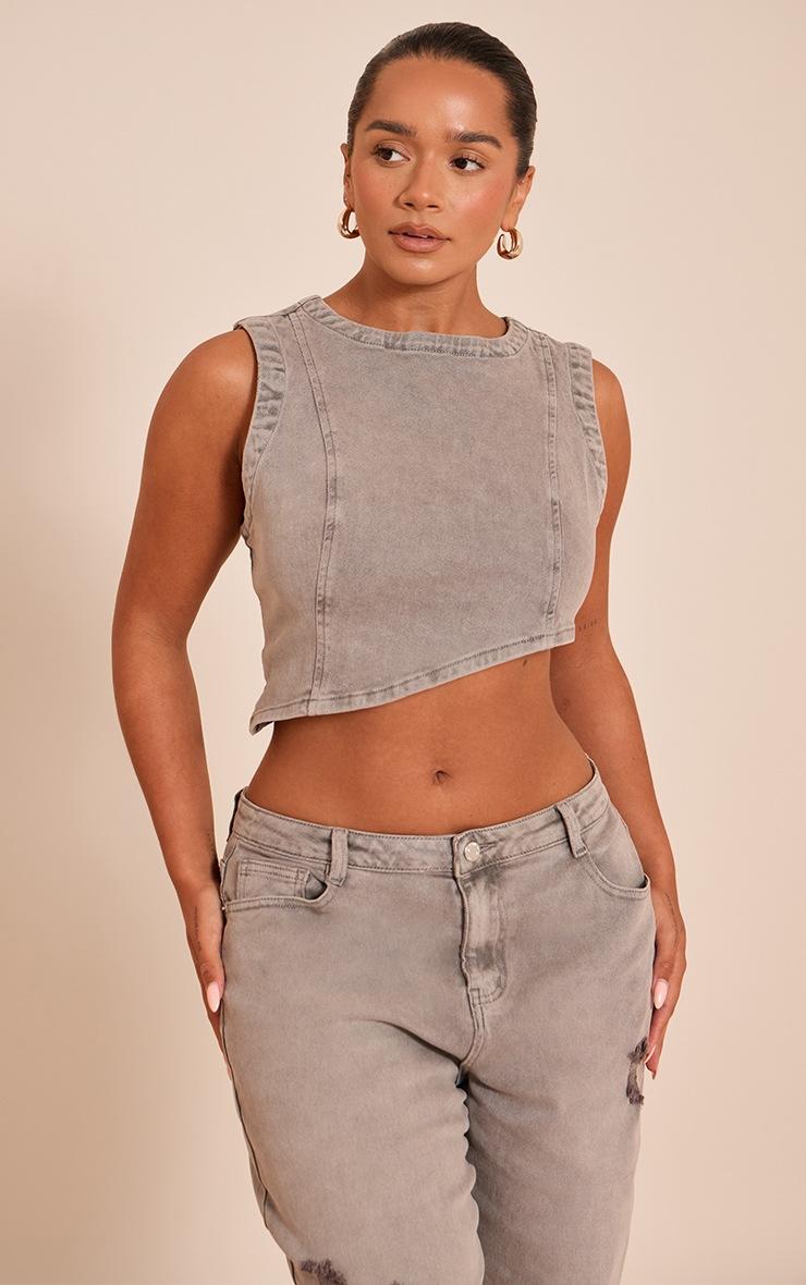 Pretty Little Thing Shape Mushroom Stretch Denim Washed Asymmetric Crop Top