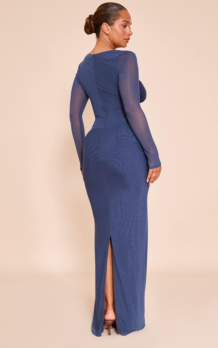 Pretty Little Thing Shape Navy Mesh Lace Insert Corseted Maxi Dress