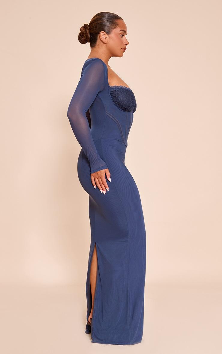 Pretty Little Thing Shape Navy Mesh Lace Insert Corseted Maxi Dress