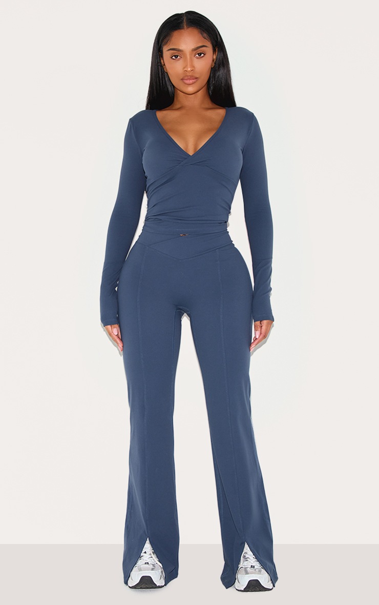 Pretty Little Thing Shape Navy Sculpt Active Wrap V Neck Long Sleeve Top