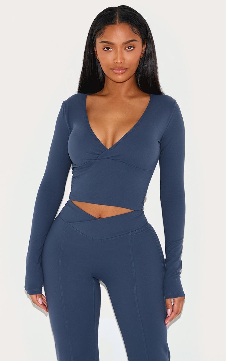Pretty Little Thing Shape Navy Sculpt Active Wrap V Neck Long Sleeve Top