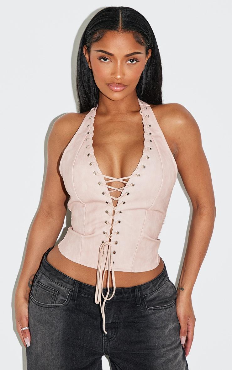 Pretty Little Thing Shape Pink Washed Faux Leather Halter Neck Lace Up Corset