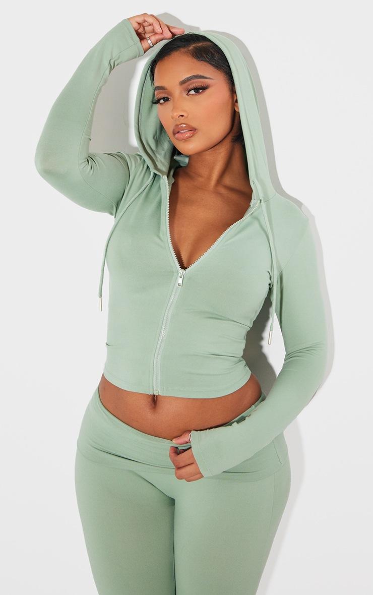 Pretty Little Thing Shape Sage Green Sculpted Zip Through Hoodie