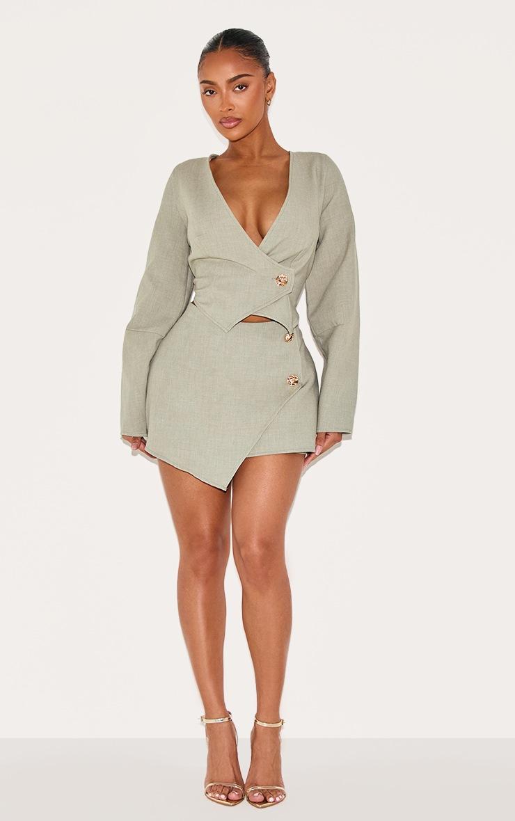 Pretty Little Thing Shape Sage Woven Asymmetrical Hammered Button Blazer