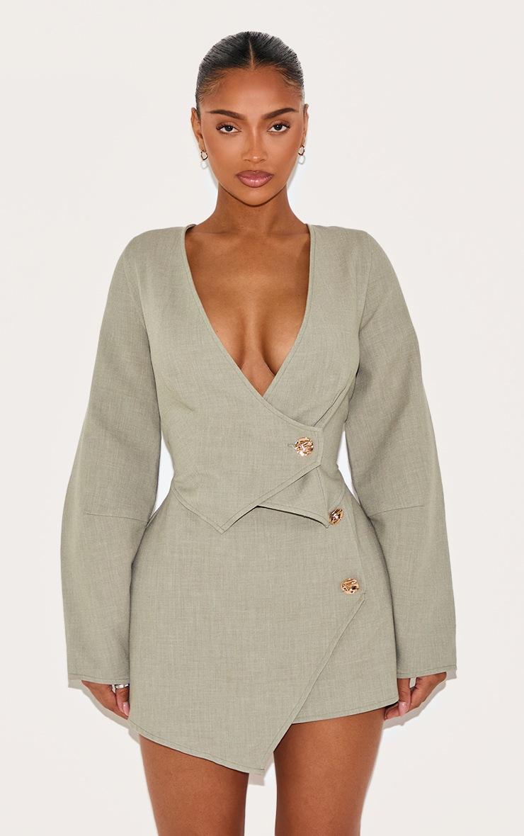 Pretty Little Thing Shape Sage Woven Asymmetrical Hammered Button Blazer