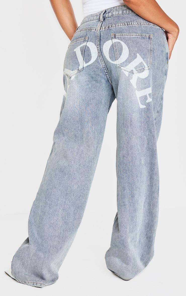 Pretty Little Thing Shape Vintage Light Wash Low Rise Washed Jadore Print Wide Leg Denim Jeans