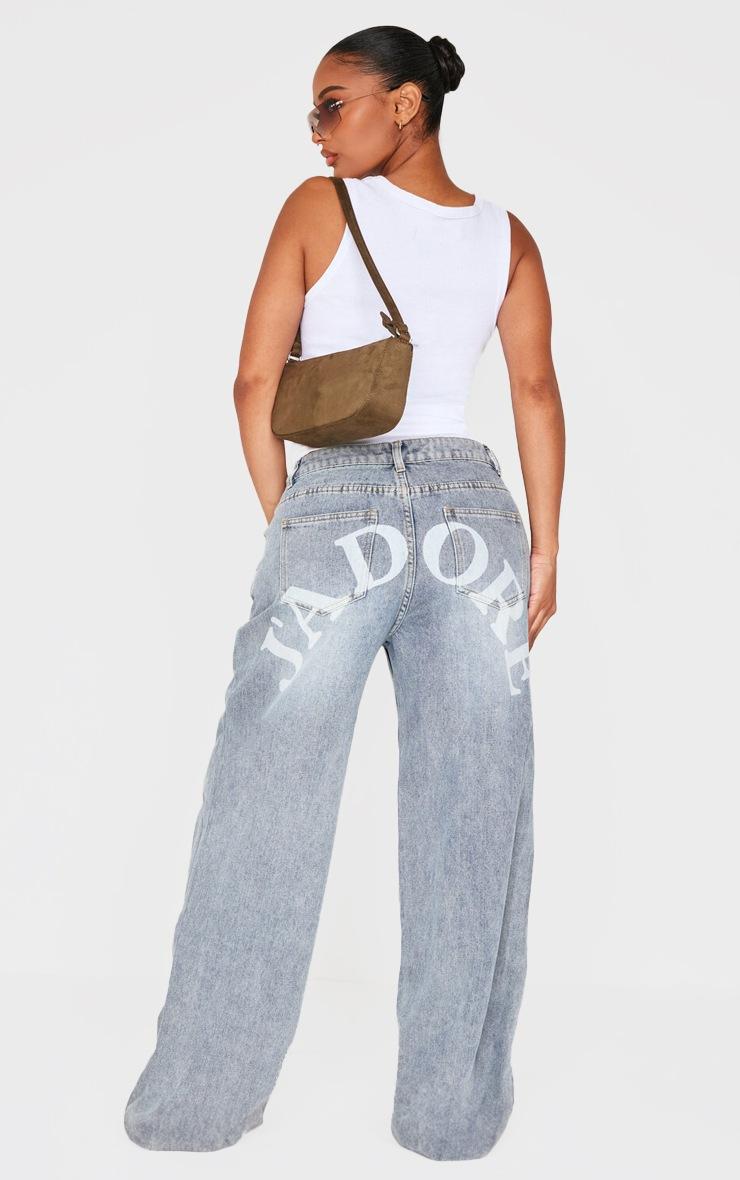 Pretty Little Thing Shape Vintage Light Wash Low Rise Washed Jadore Print Wide Leg Denim Jeans