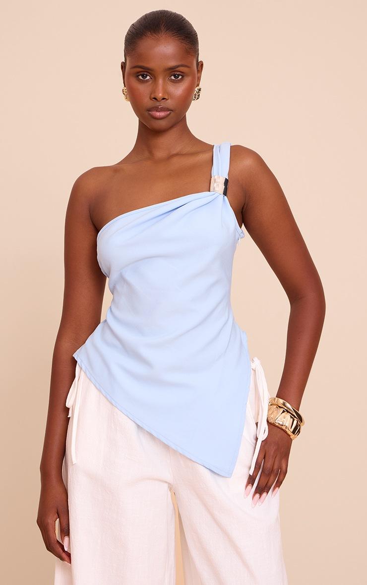 Pretty Little Thing Sky Blue Asymmetric One Shoulder Trim Detail Long Top