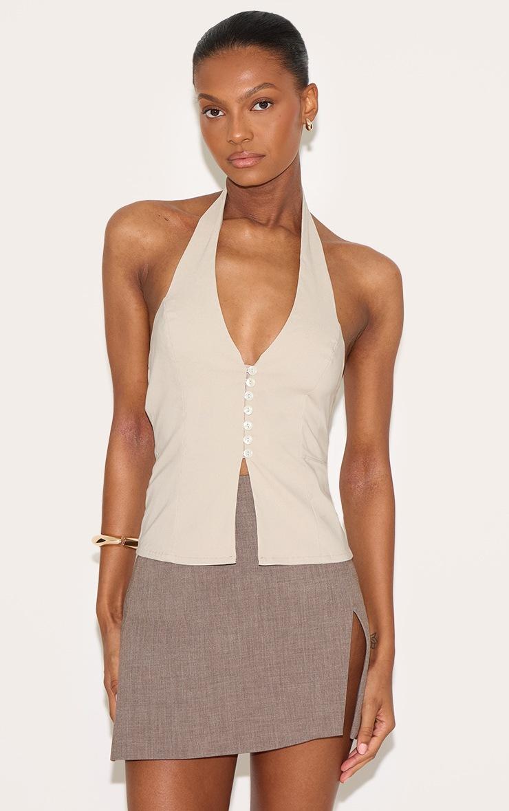 Pretty Little Thing Stone Bengaline Button Up Halterneck Long Top