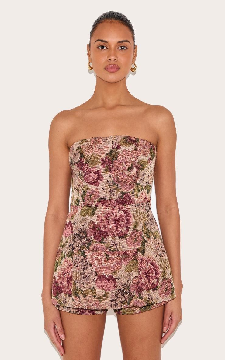 Pretty Little Thing Stone Floral Jacquard Bandeau Pleated Skort Romper