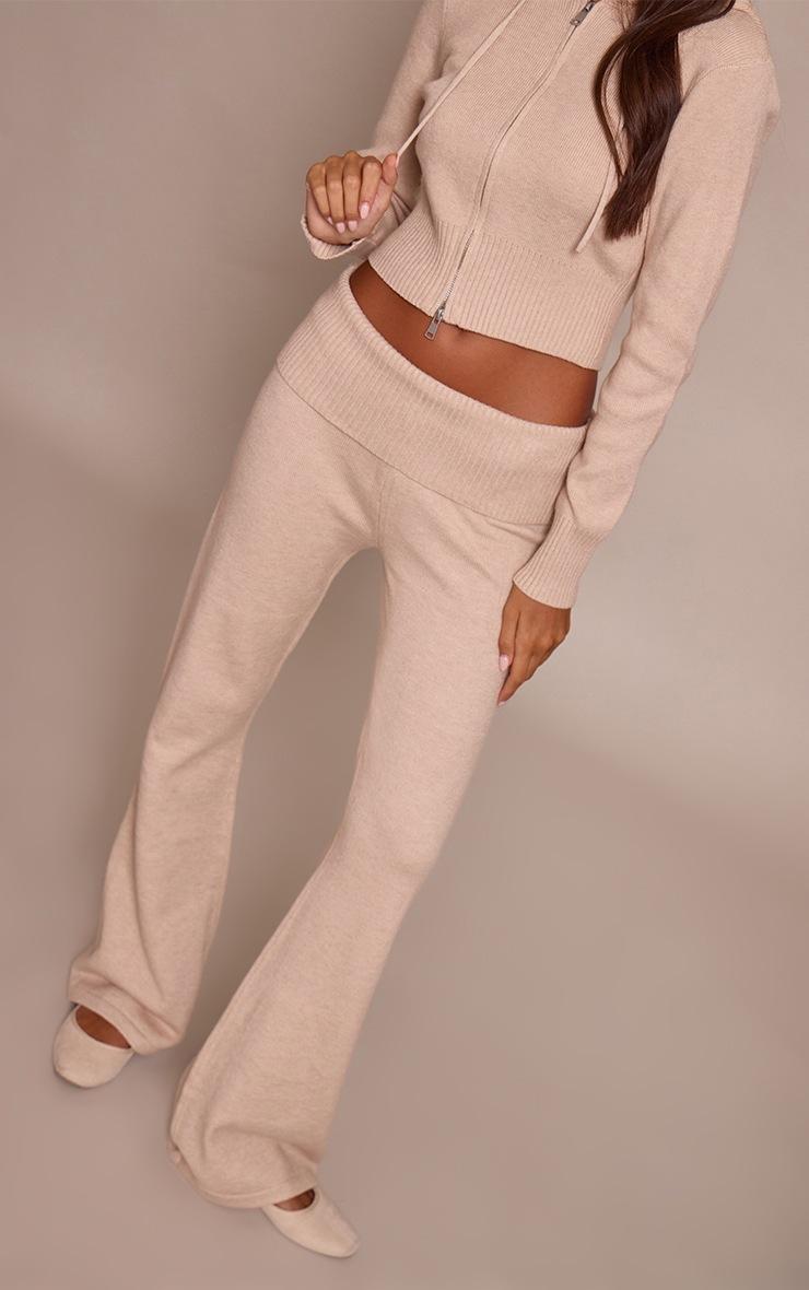 Pretty Little Thing Stone Fold Over Waist Band Flared Knitted Pants
