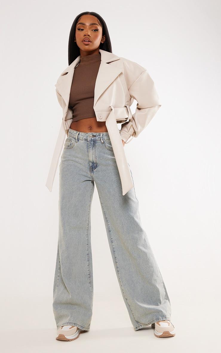 Pretty Little Thing Stone Oversized Belted Hem Cropped Biker Jacket