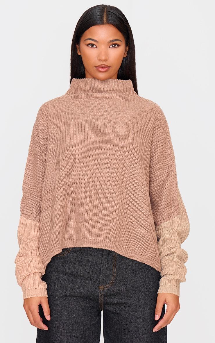 Pretty Little Thing Stone Oversized Colour Block Jumper
