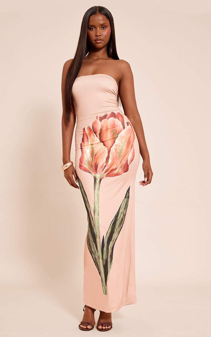 Pretty Little Thing Stone Oversized Floral Print Bandeau Maxi Dress