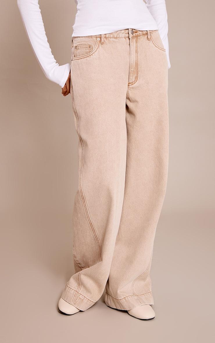 Pretty Little Thing Stone Relaxed Mid Rise Seam Detail Wide Leg Jeans