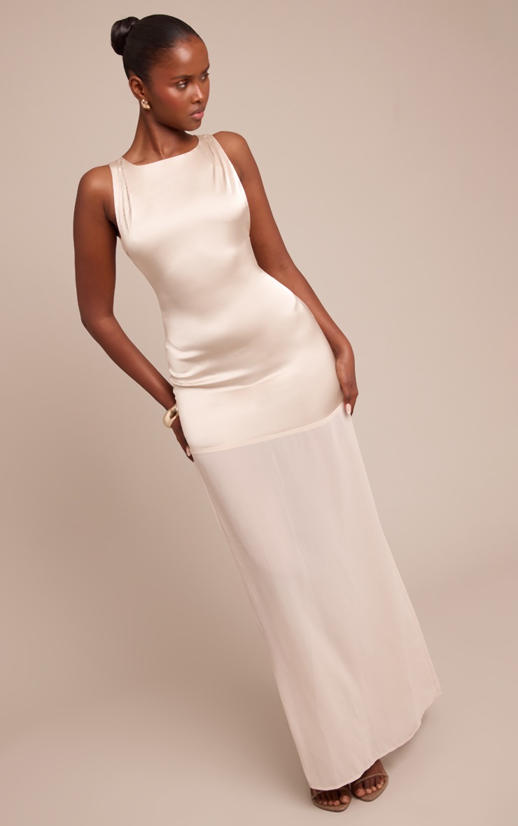 Pretty Little Thing Stone Satin Boat Neck Chiffon Detail Maxi Dress