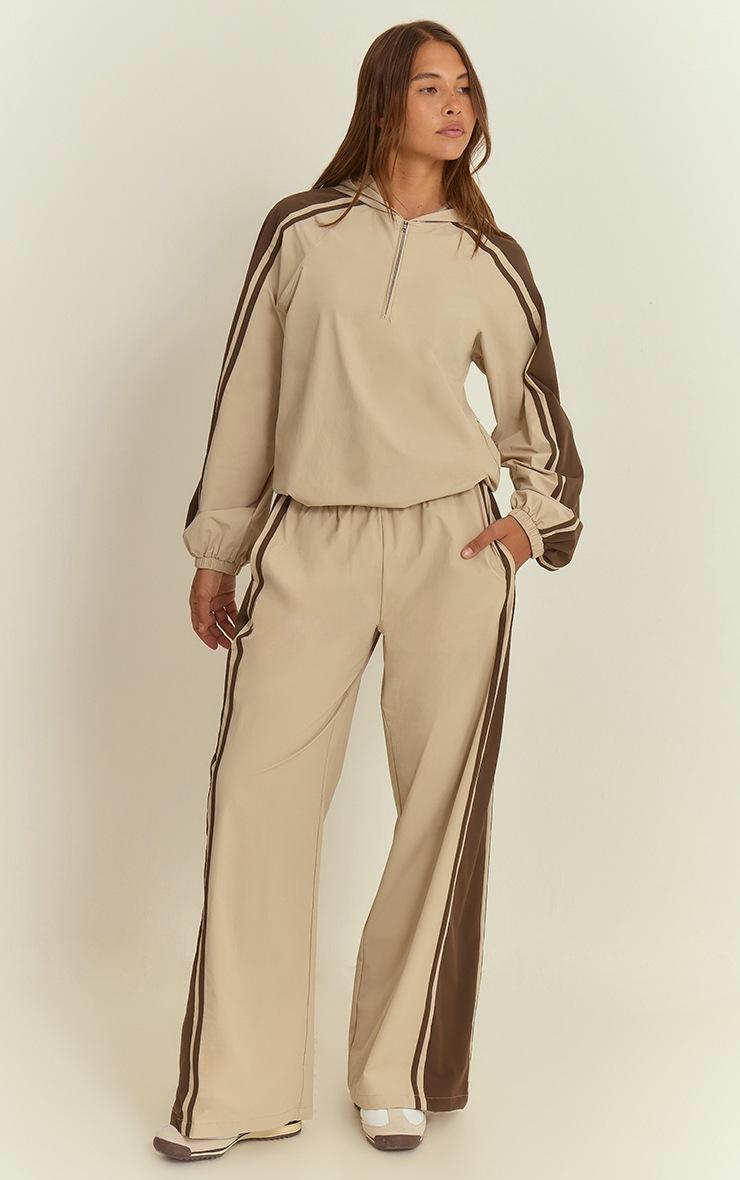 Pretty Little Thing Stone Shell Contrast Stripe Wide Leg Track Pants