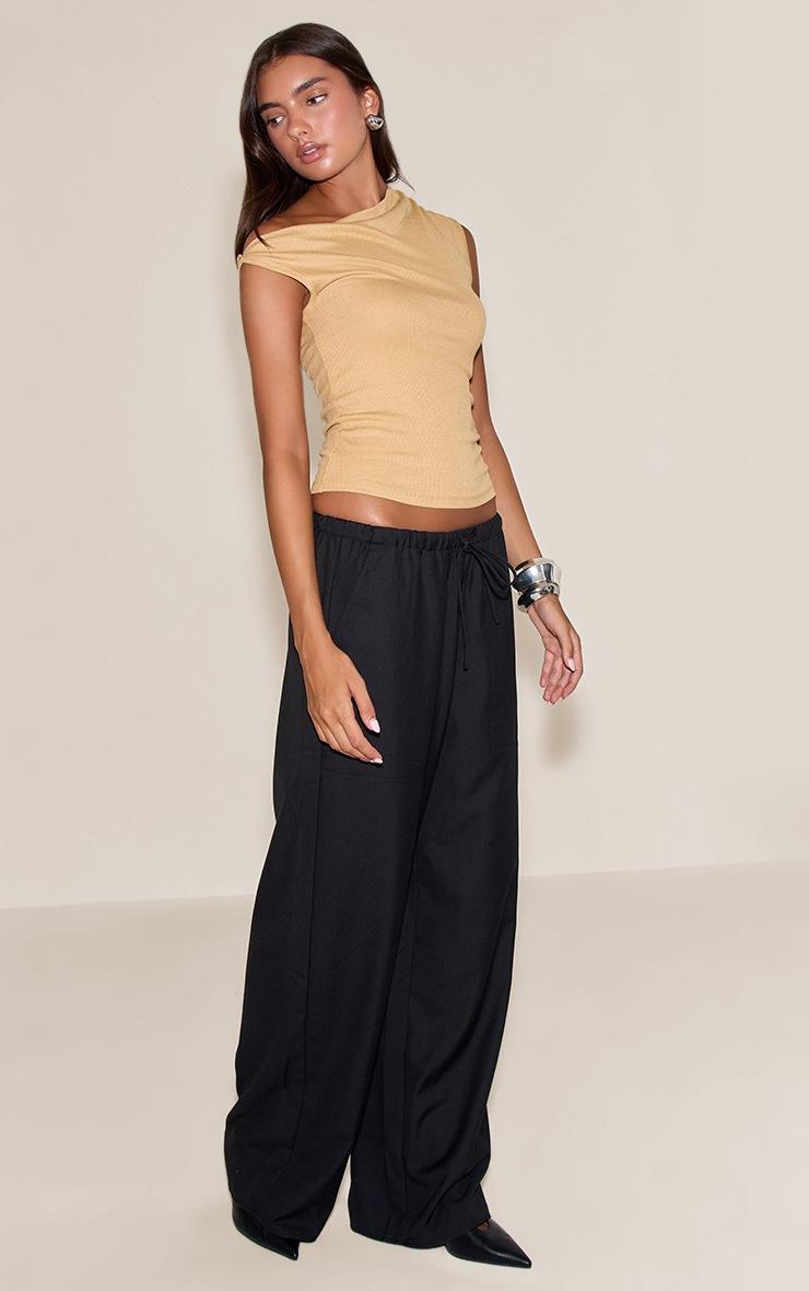 Pretty Little Thing Stone Soft Rib Asymmetric Drape Detail Sleeveless Top