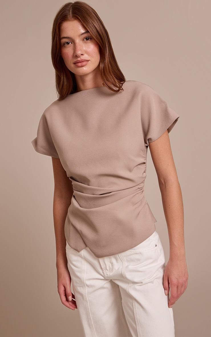 Pretty Little Thing Stone Woven Ruched Cinched Waist Top