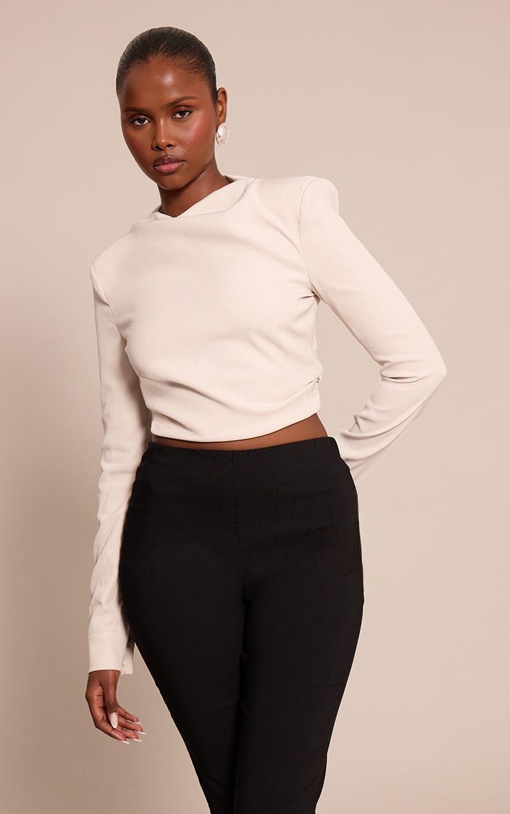Pretty Little Thing Stone Woven Shoulder Pad Detail Long Sleeve Top