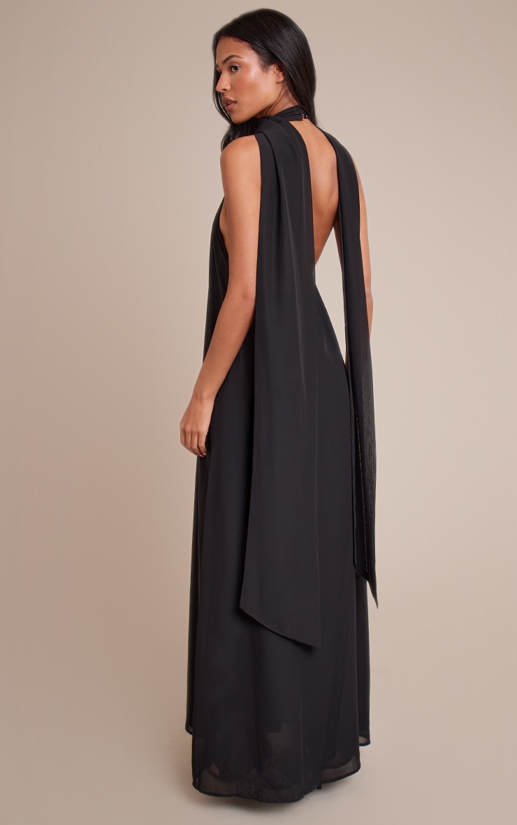 Pretty Little Thing Tall Black Chiffon High Neck Scarf Detail Maxi Dress