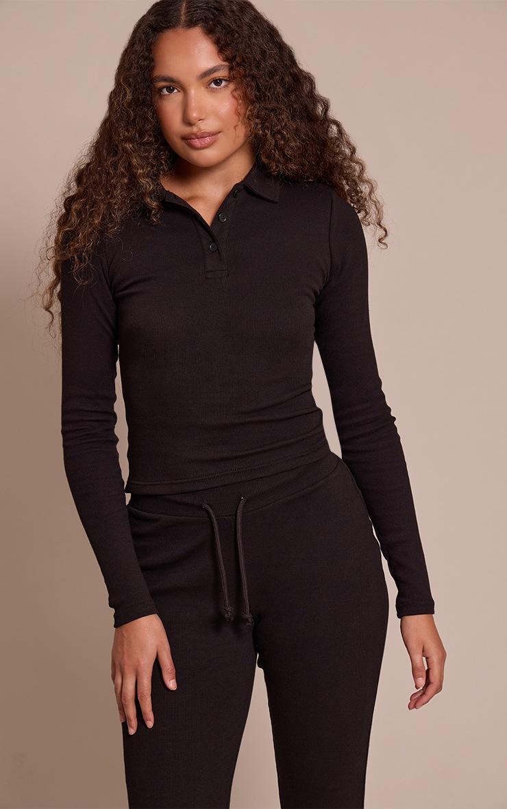 Pretty Little Thing Tall Black Collared Long Sleeve Rib Top