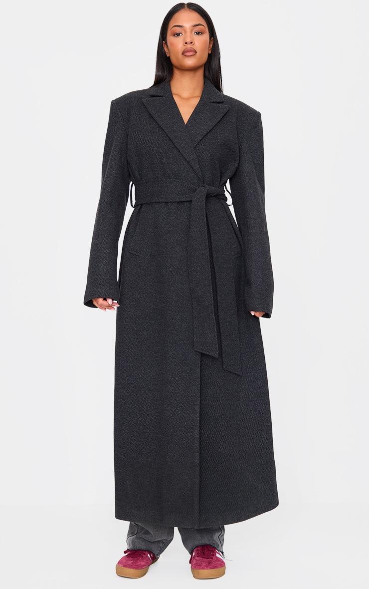 Pretty Little Thing Tall Black Herringbone Self Tie Maxi Coat
