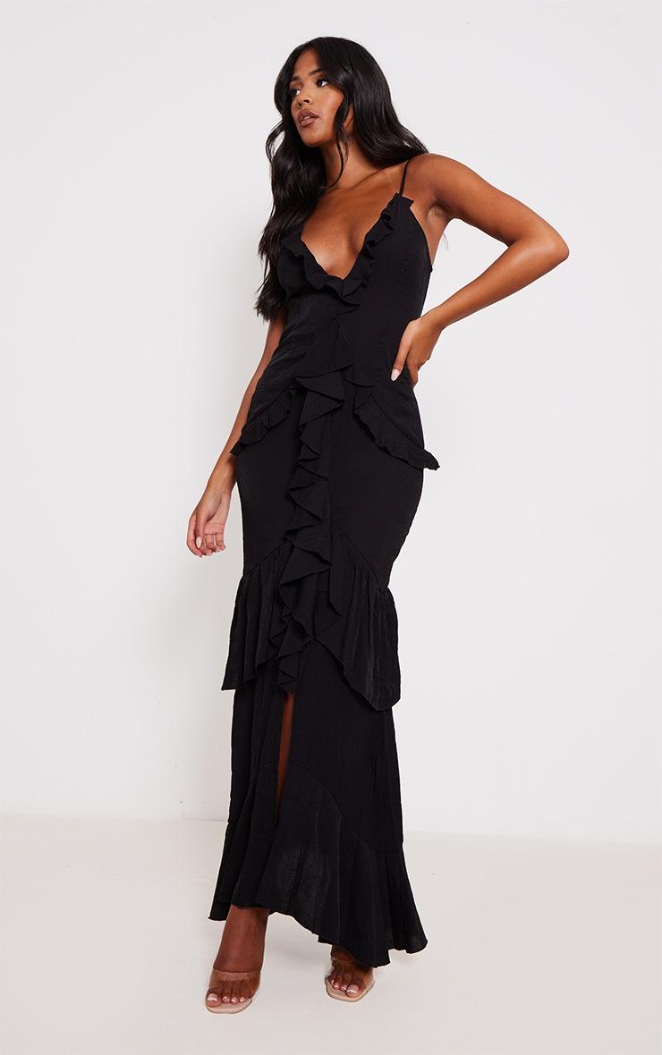 Pretty Little Thing Tall Black Textured Frill Maxi Dress
