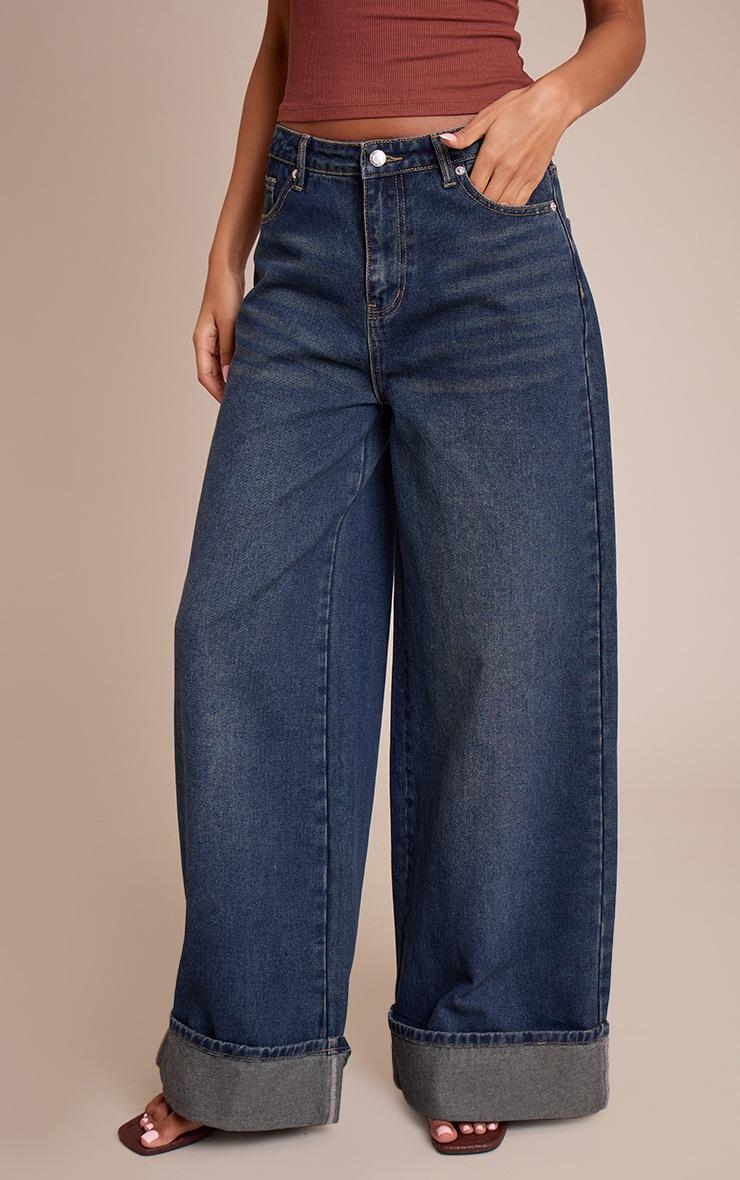 Pretty Little Thing Tall Dark Indigo Mid Rise Turn Up Wide Leg Jeans