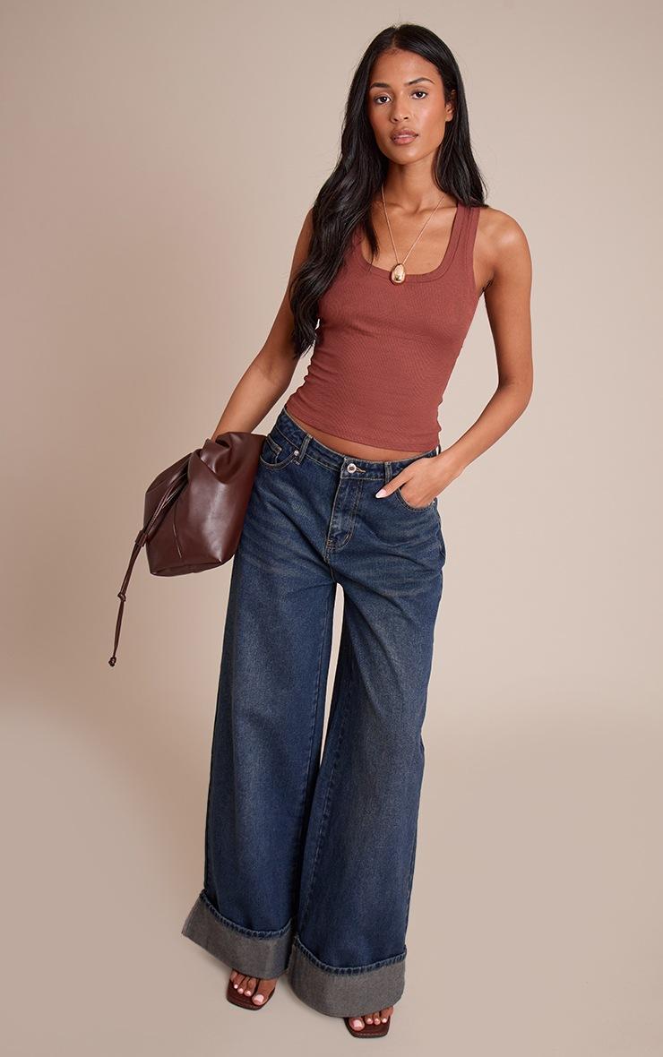 Pretty Little Thing Tall Dark Indigo Mid Rise Turn Up Wide Leg Jeans