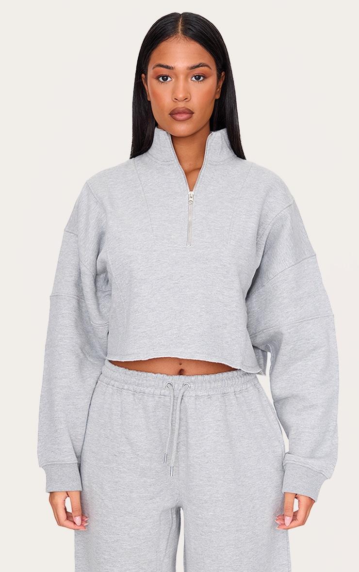 Pretty Little Thing Tall Grey Marl Half Zip Crop Sweatshirt