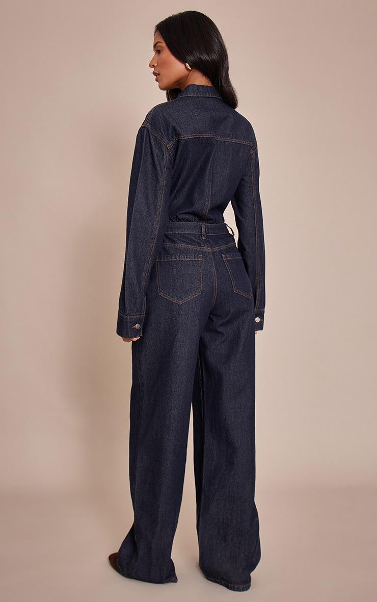 Pretty Little Thing Tall Indigo Contrast Stitch Long Sleeve Denim Jumpsuit