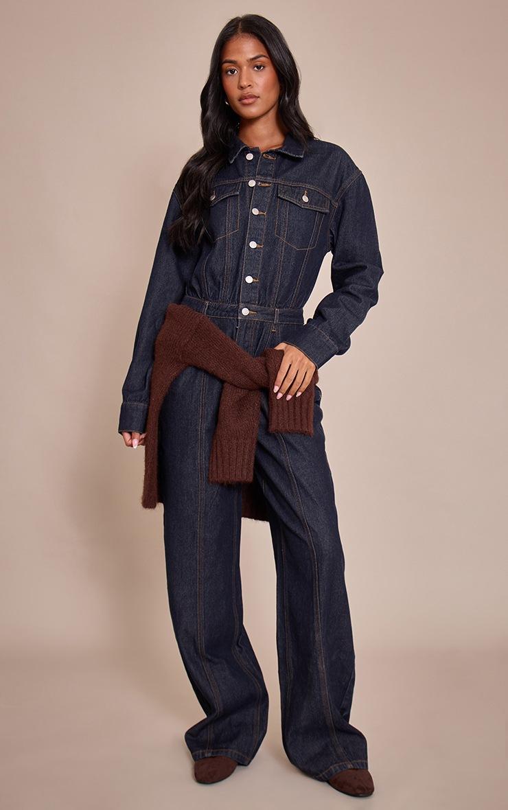 Pretty Little Thing Tall Indigo Contrast Stitch Long Sleeve Denim Jumpsuit
