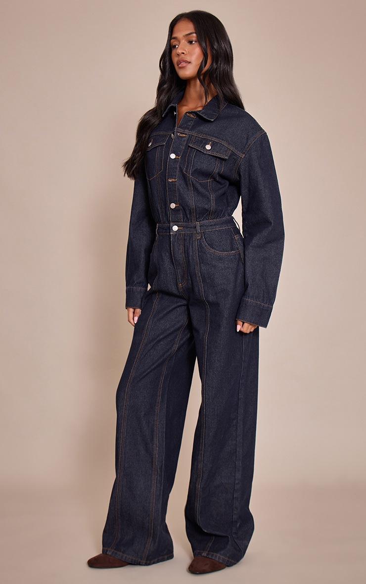 Pretty Little Thing Tall Indigo Contrast Stitch Long Sleeve Denim Jumpsuit