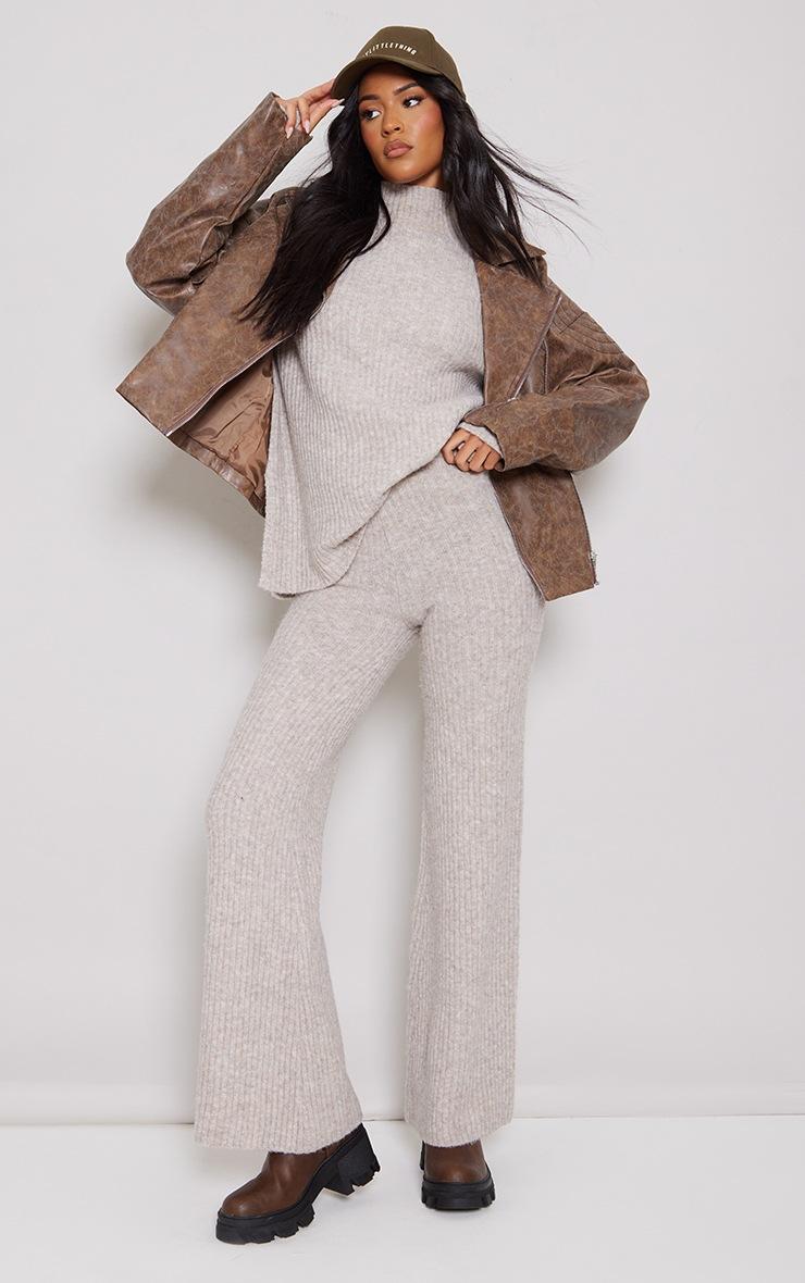 Pretty Little Thing Tall Light Brown Luxe Rib Knit Wide Leg Pants