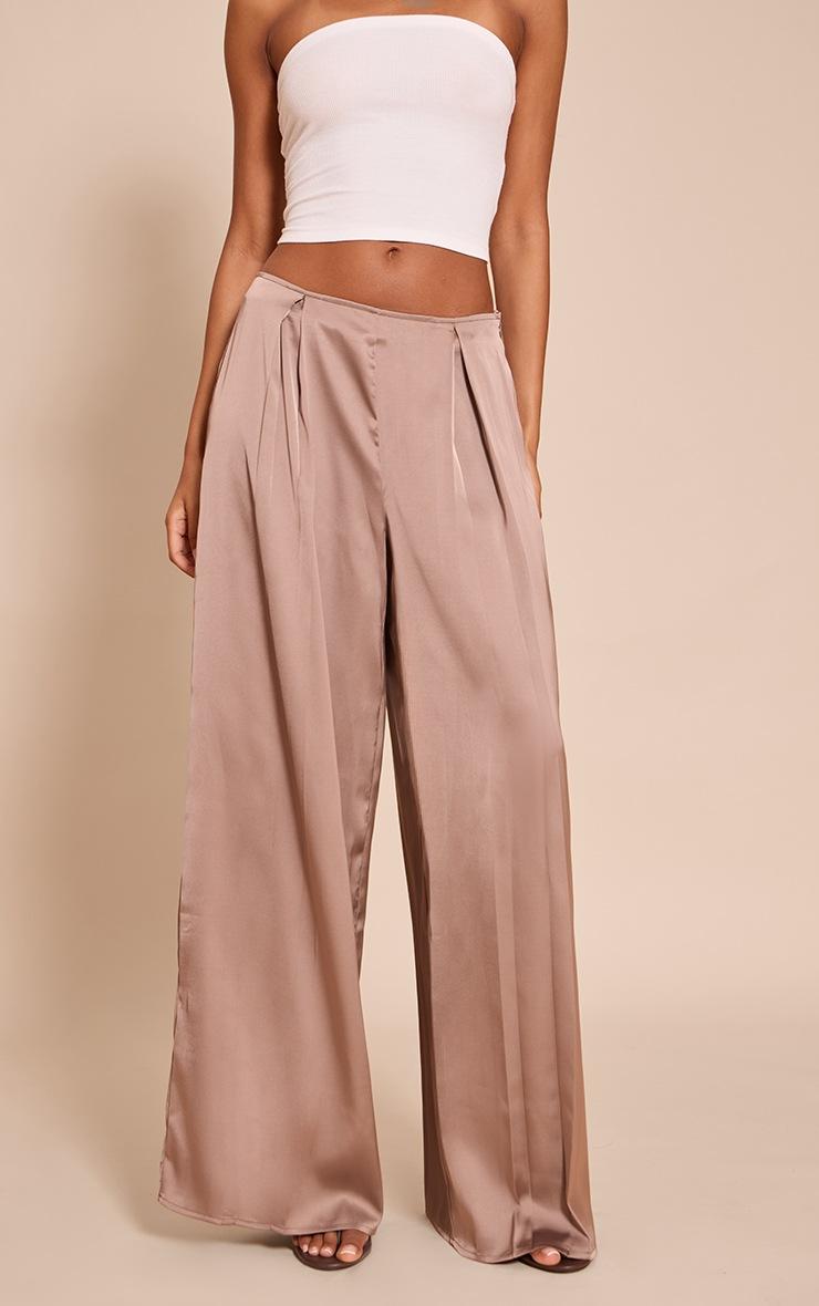 Pretty Little Thing Tall Mocha Pleated Satin Wide Leg Pants