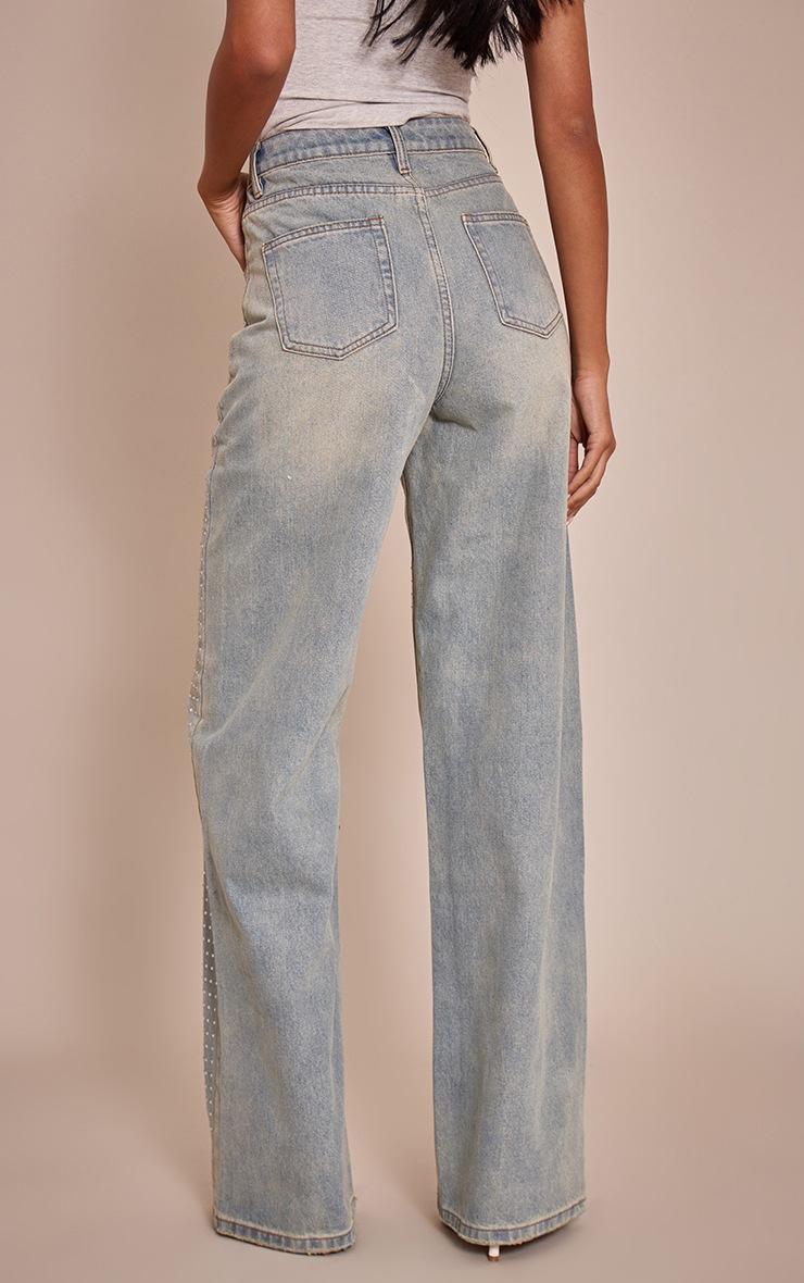 Pretty Little Thing Tall Vintage Light Wash High Waisted Diamante Front Detail Wide Leg Jeans