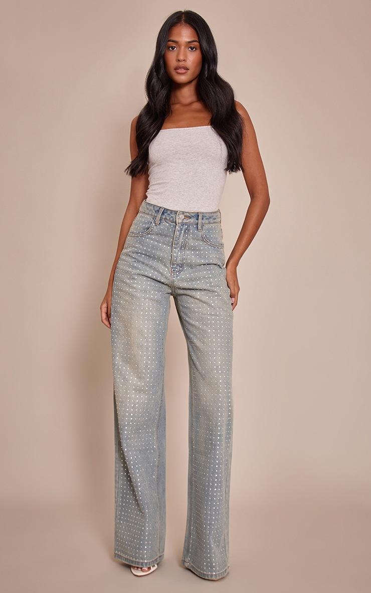 Pretty Little Thing Tall Vintage Light Wash High Waisted Diamante Front Detail Wide Leg Jeans