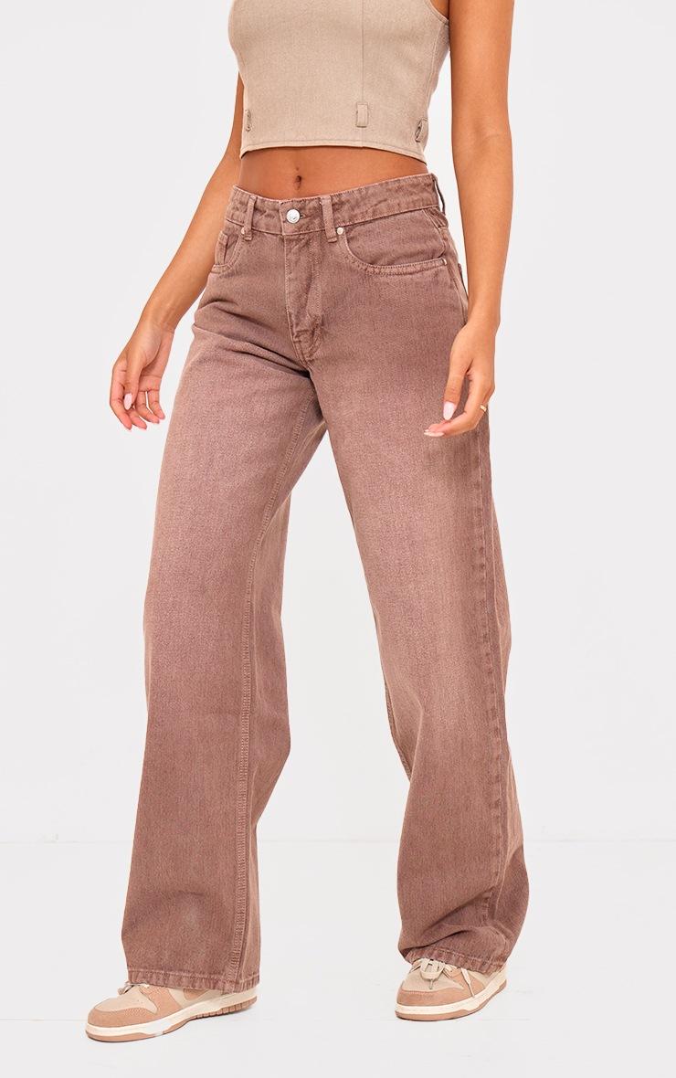 Pretty Little Thing Tall Washed Brown Mid Rise Wide Leg Jeans